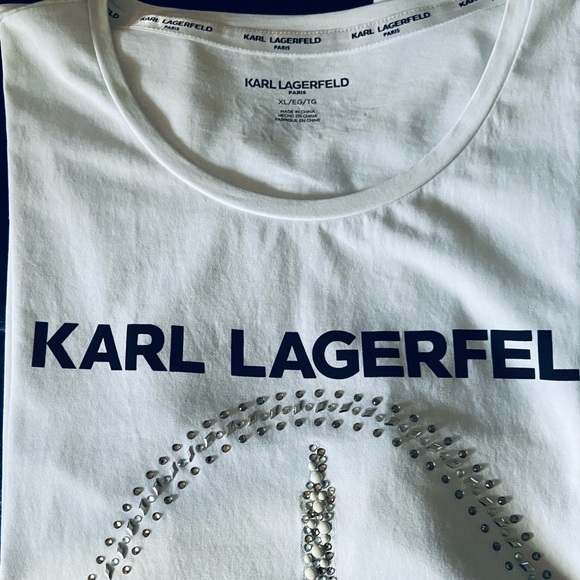 Vintage designer Karl Lagerfeld t shirt ladies Sz. XL white Eiffel Tower beads - Picture 4 of 8